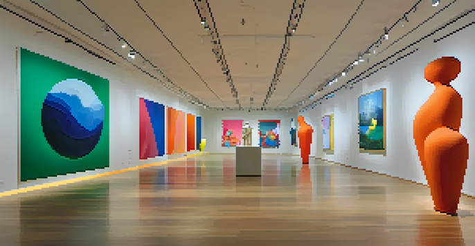 A large contemporary art installation with colorful sculptures and soft ambient lighting, showcasing viewers interacting with the art.