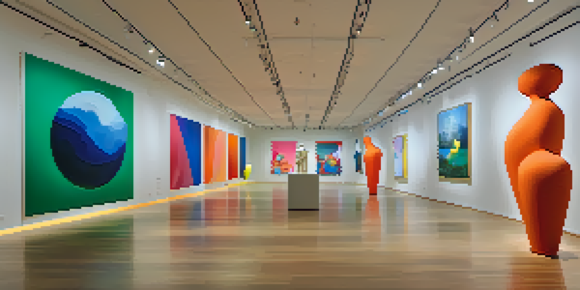 A large contemporary art installation with colorful sculptures and soft ambient lighting, showcasing viewers interacting with the art.