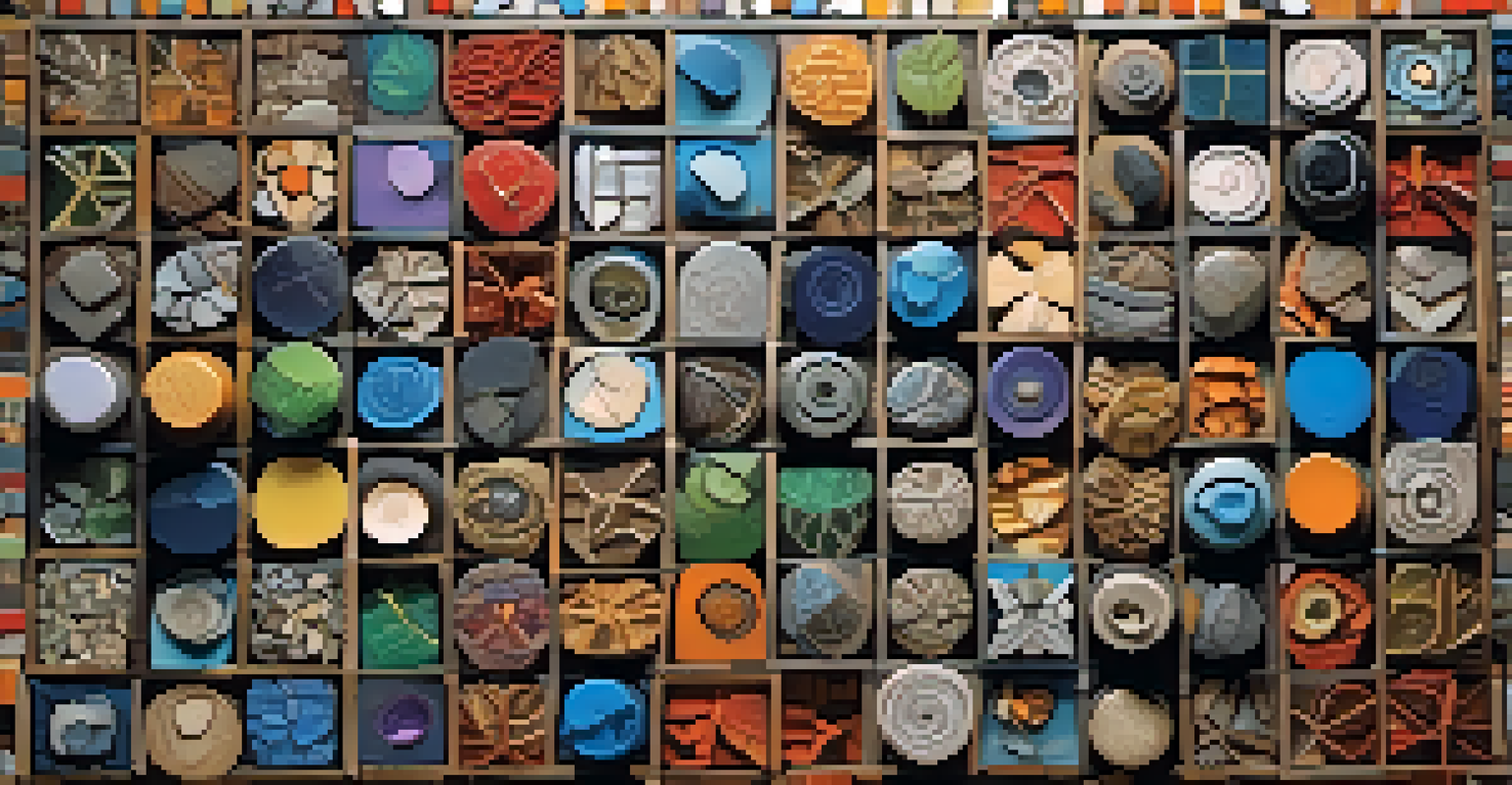 A close-up of an eco-art mosaic created from recycled materials, displaying intricate patterns and textures under soft, diffused lighting.