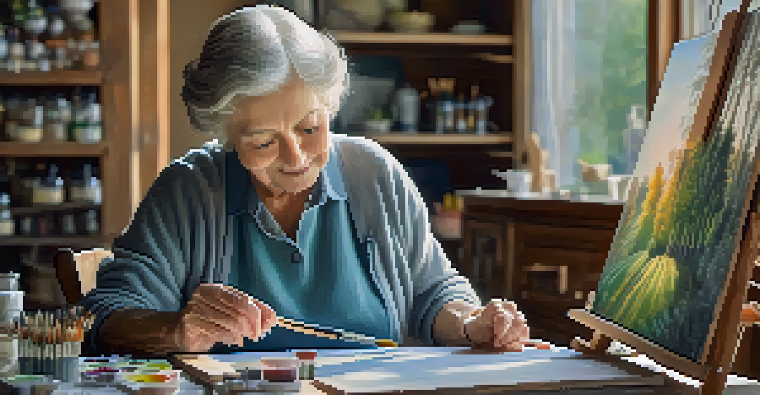 Close-up of an elderly woman focused on painting a landscape, showcasing her hands and joyful expression.