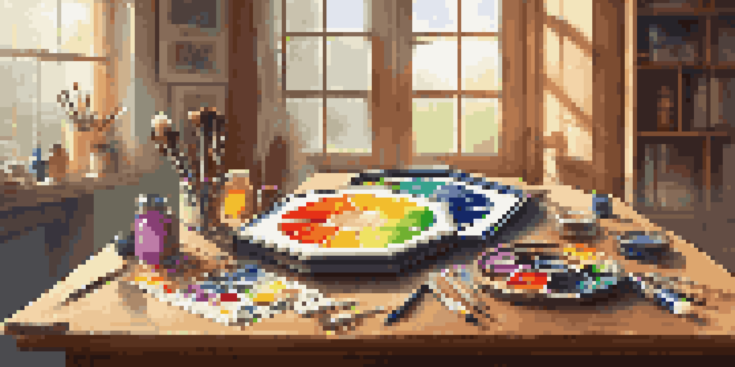 A color wheel on an artist's table with paint tubes and a digital tablet.
