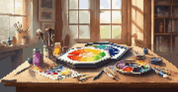 A color wheel on an artist's table with paint tubes and a digital tablet.