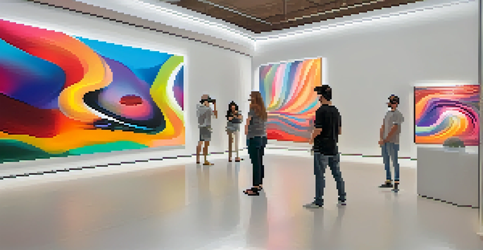 A lively virtual reality art gallery with colorful artworks that change based on viewer interaction, featuring visitors exploring the immersive environment.