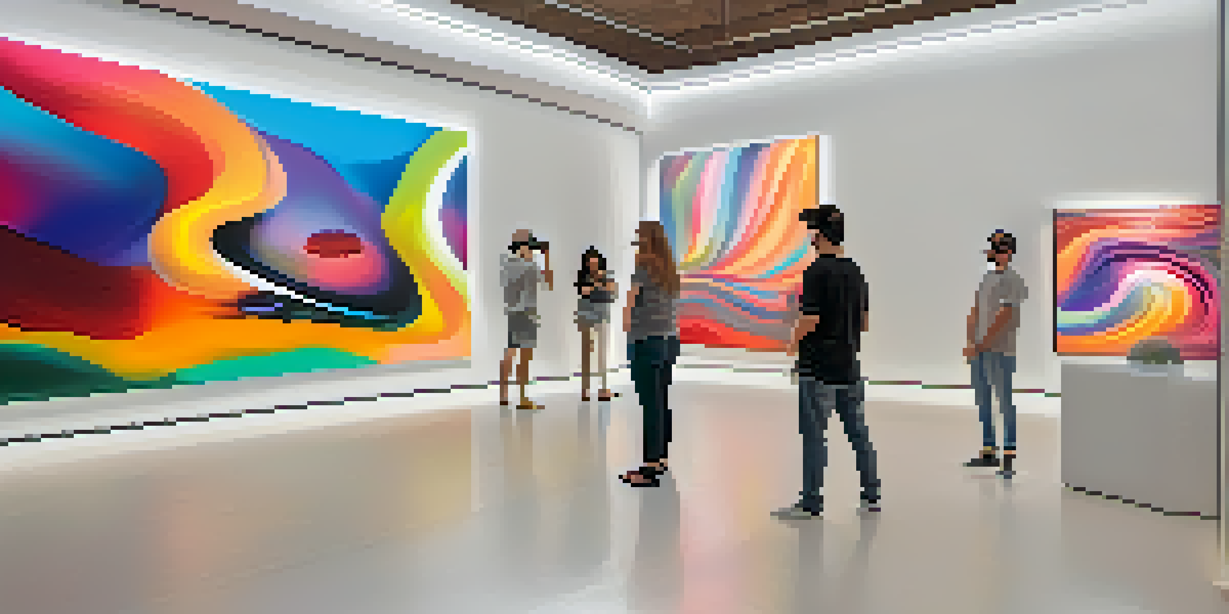 A lively virtual reality art gallery with colorful artworks that change based on viewer interaction, featuring visitors exploring the immersive environment.