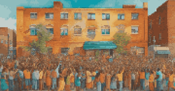 A colorful mural on a brick wall depicting a diverse community gathering with cultural symbols.