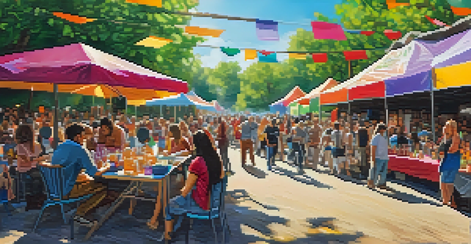 A lively art festival with diverse artists and a crowd enjoying various activities, colorful banners, and a beautiful mural in the background.
