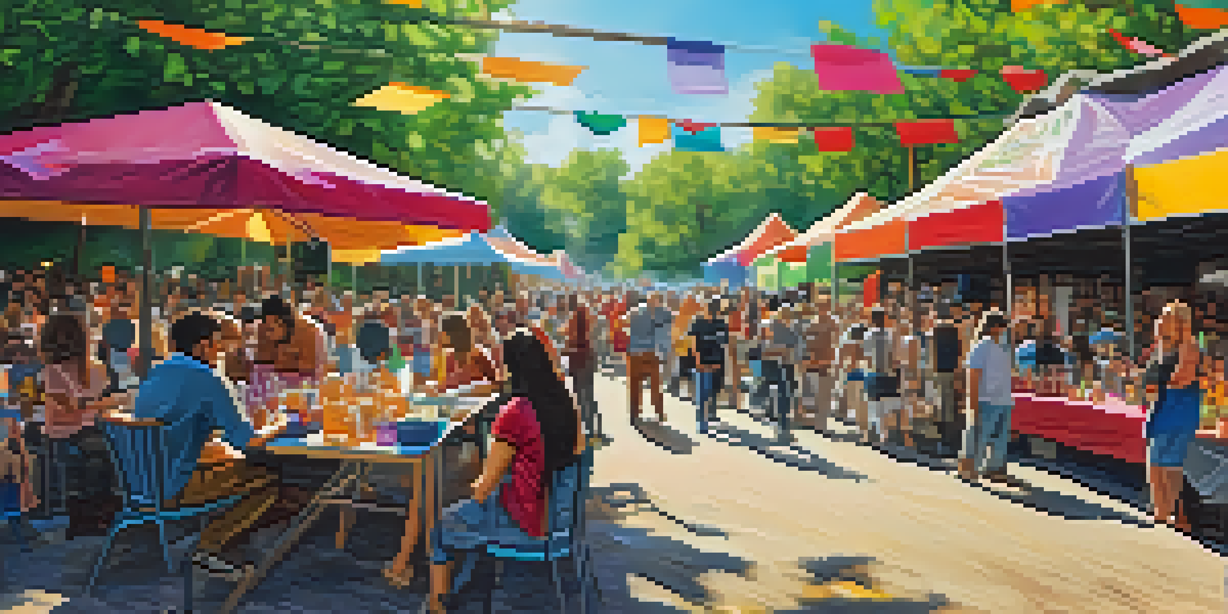 A lively art festival with diverse artists and a crowd enjoying various activities, colorful banners, and a beautiful mural in the background.
