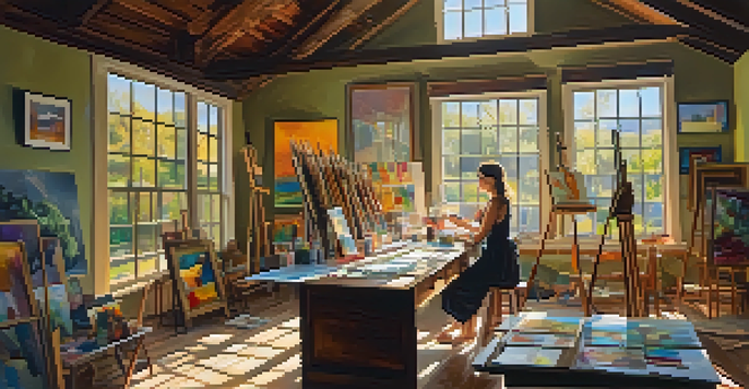 An artist working in a sunlit studio filled with colorful paintings and art supplies, creating a new artwork.