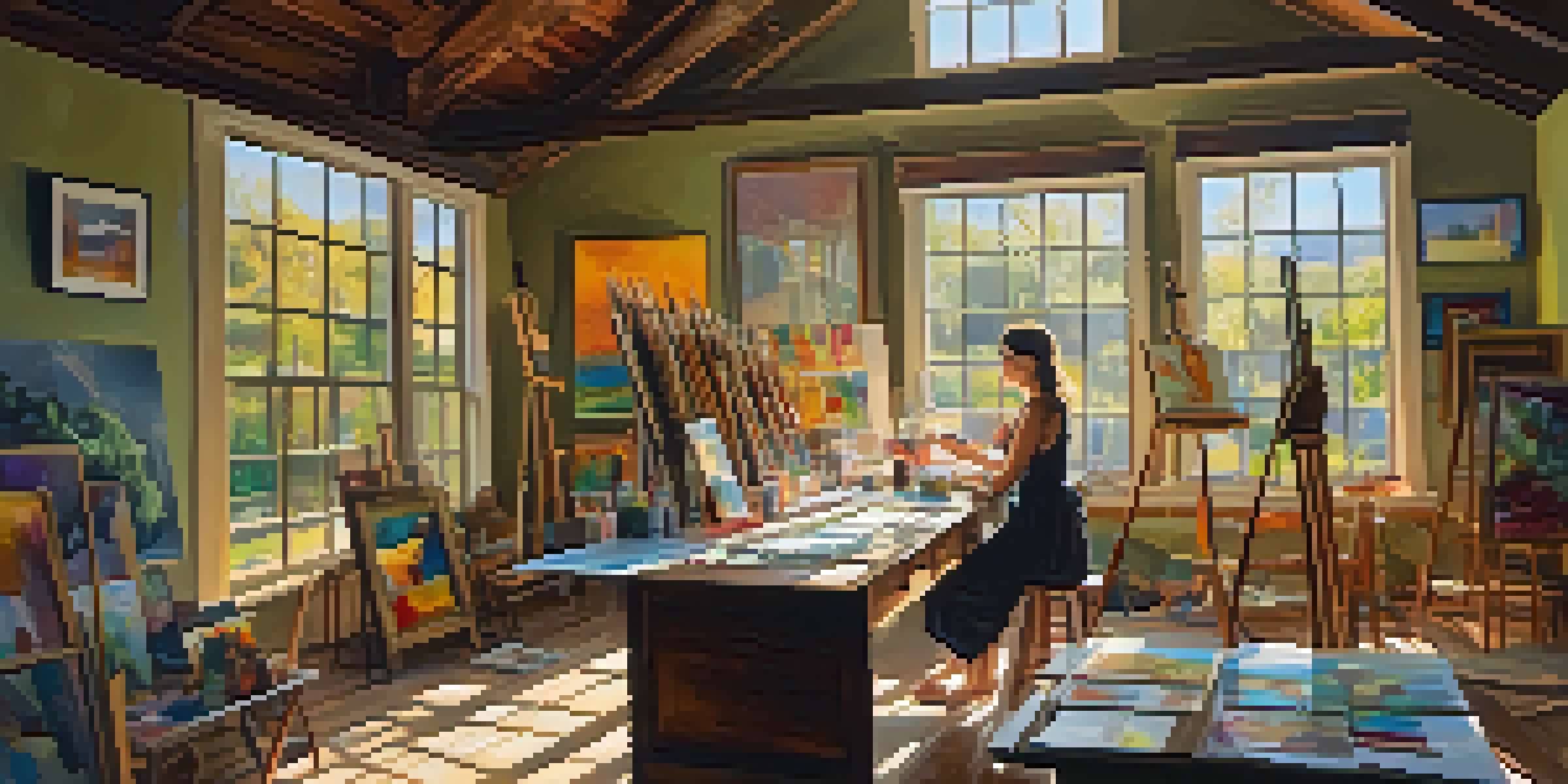 An artist working in a sunlit studio filled with colorful paintings and art supplies, creating a new artwork.
