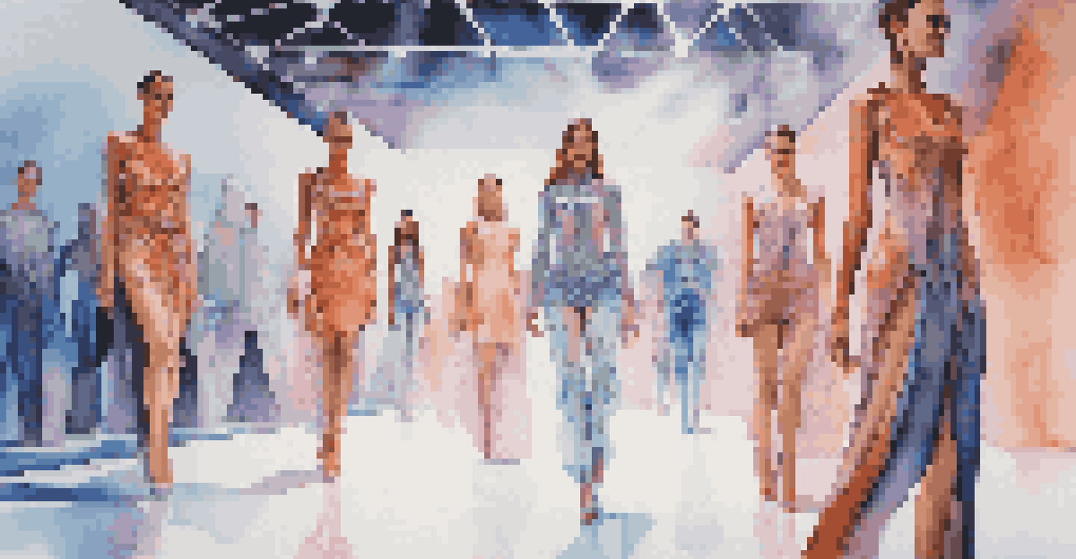 A futuristic fashion show with models in 3D-printed outfits and smart fabrics, illuminated by dynamic lighting.