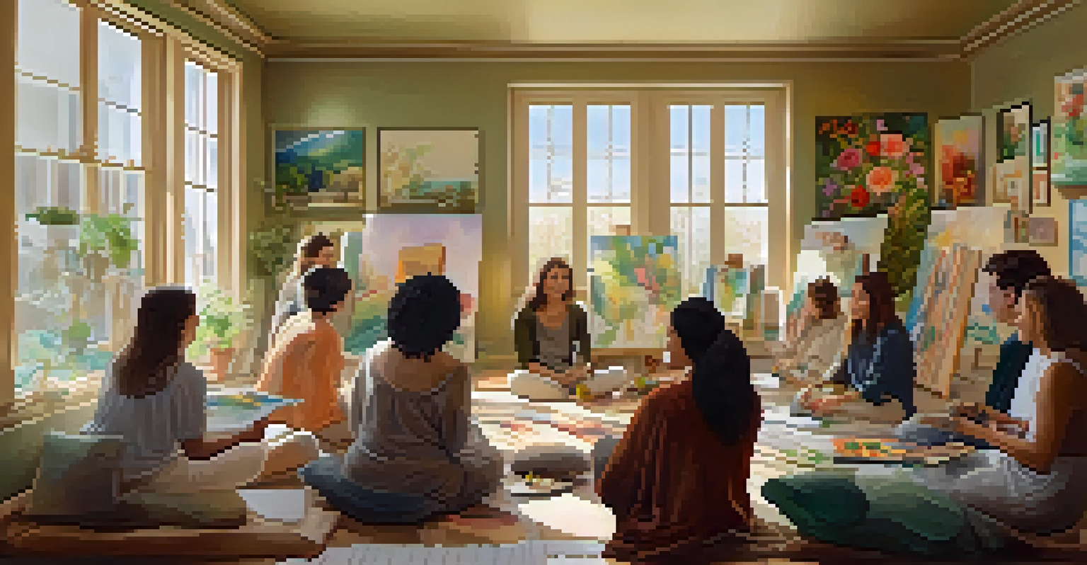 A warm room filled with people painting during an art therapy session, with soft light and plants creating a nurturing environment.