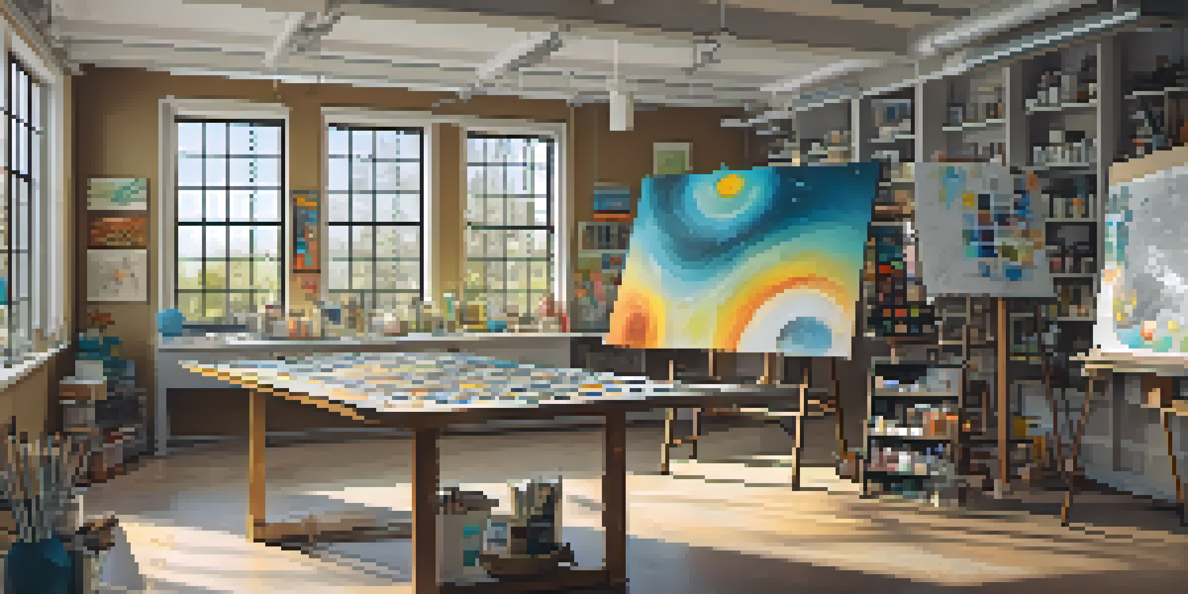 A colorful art studio featuring a canvas showing an abstract solar system, with paints and brushes scattered around, illuminated by soft natural light.