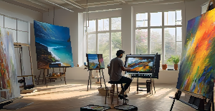 A digital art studio with a painter creating a large canvas, surrounded by screens showing global artworks, illuminated by natural light.