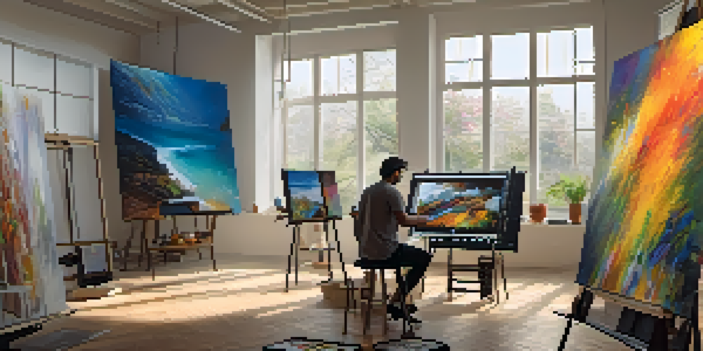 A digital art studio with a painter creating a large canvas, surrounded by screens showing global artworks, illuminated by natural light.