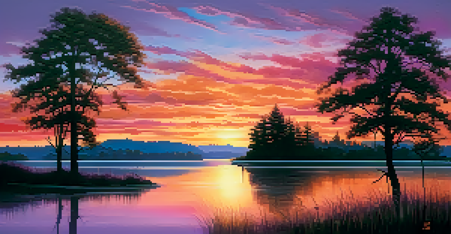A peaceful landscape with a vibrant sunset over a calm lake, reflecting colorful skies and framed by silhouetted trees.