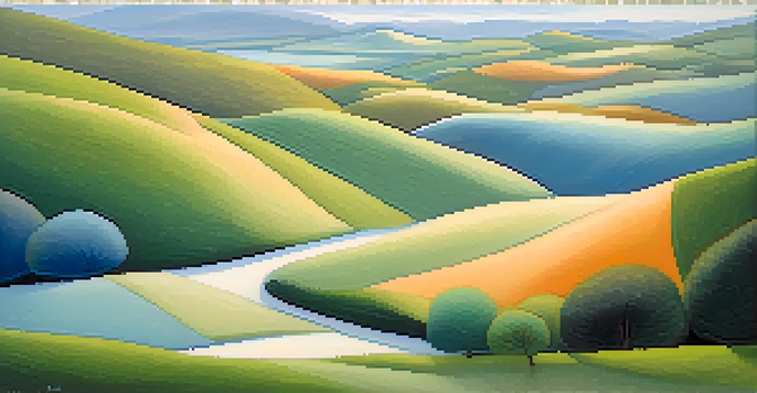 An abstract landscape with flowing shapes in blue, green, and hints of orange, creating a calming atmosphere.