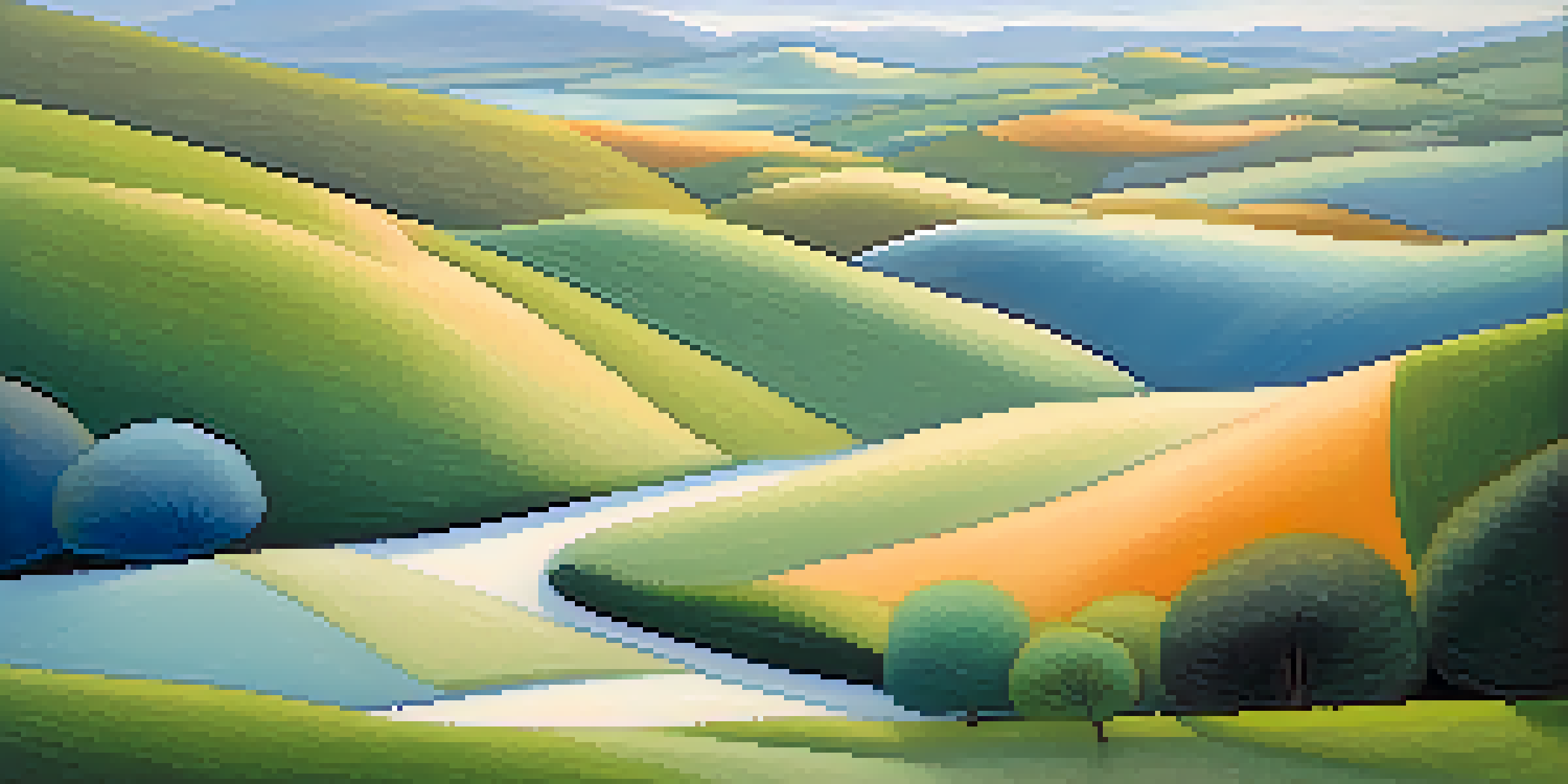 An abstract landscape with flowing shapes in blue, green, and hints of orange, creating a calming atmosphere.