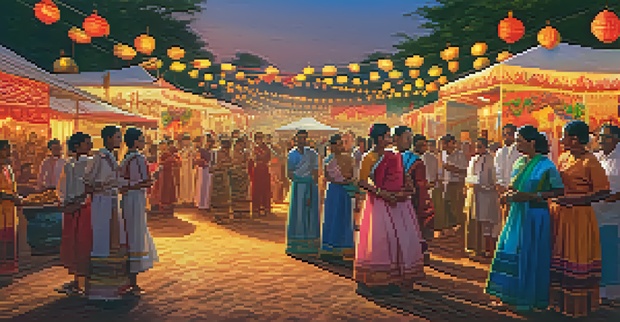 A lively cultural festival with people in traditional clothing dancing and celebrating, surrounded by colorful decorations and stalls.