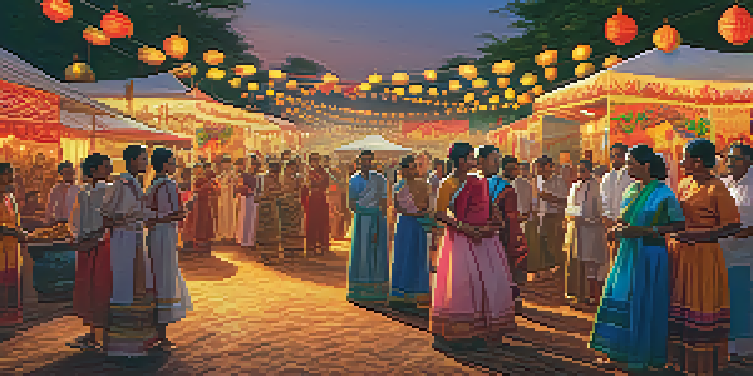 A lively cultural festival with people in traditional clothing dancing and celebrating, surrounded by colorful decorations and stalls.
