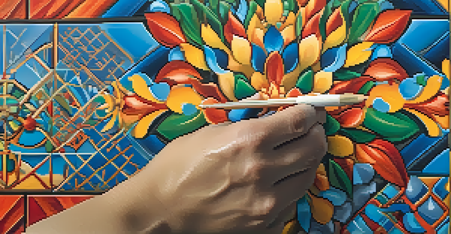 An artist's hand painting a colorful mural that combines traditional and contemporary designs, with intricate patterns and textures visible.