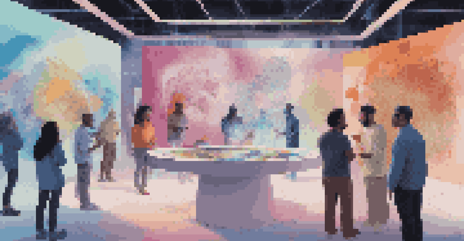 A group of artists collaborating in a virtual space filled with digital art installations and holographic displays.