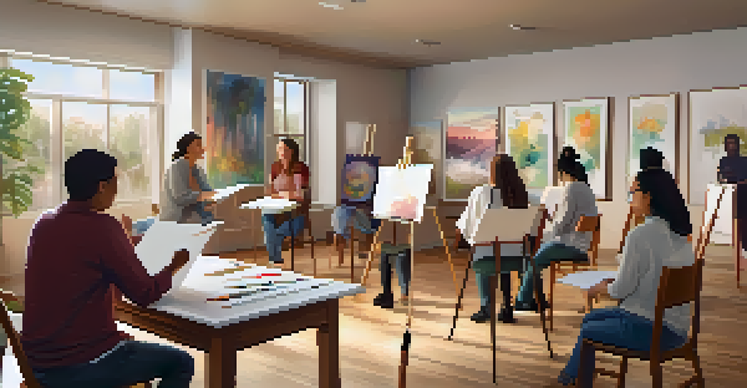 A peaceful art therapy session with individuals painting and sharing their creations in a warm and inviting room.