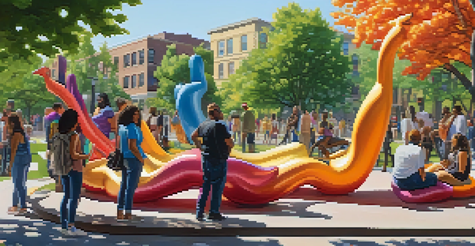 A public art installation in a park with colorful sculptures depicting diverse bodies, surrounded by people of different abilities enjoying the artwork in a sunny environment.