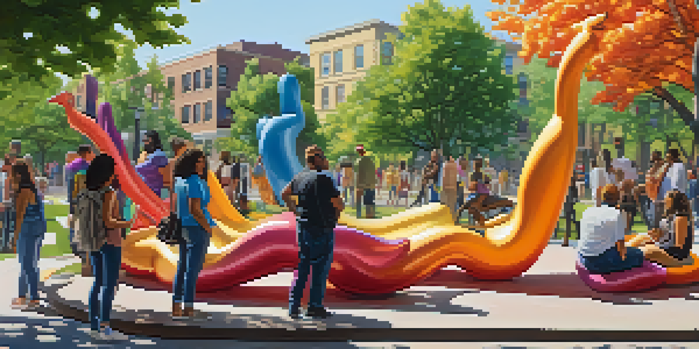 A public art installation in a park with colorful sculptures depicting diverse bodies, surrounded by people of different abilities enjoying the artwork in a sunny environment.