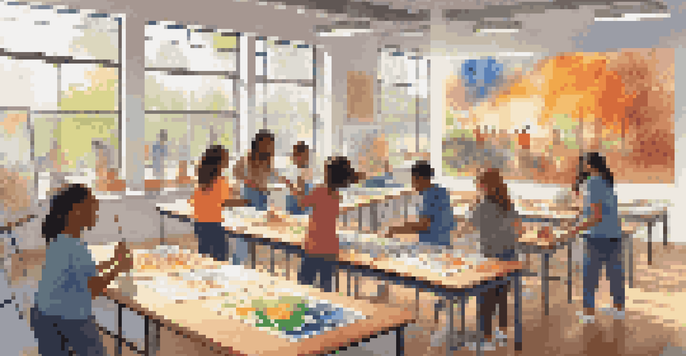 A diverse group of students working together on a colorful mural in a bright classroom, showcasing teamwork and creativity.