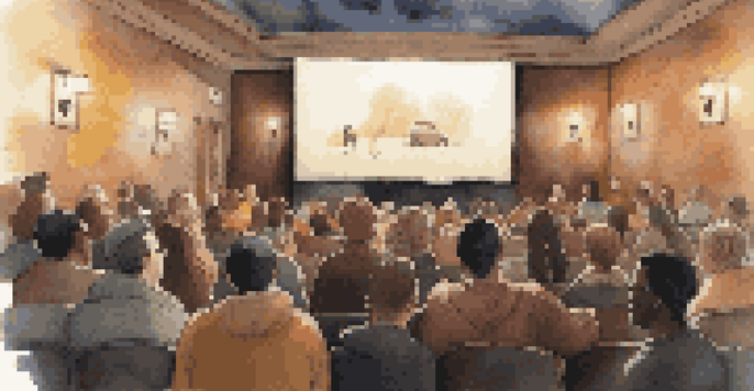 A cozy documentary film screening room with an engaged audience laughing at a humorous scene.