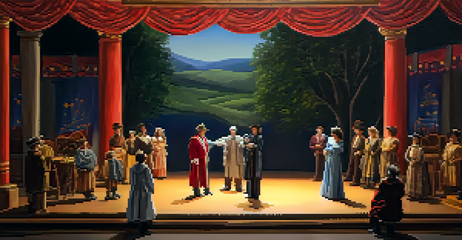A small theater group rehearsing a play on stage with warm lighting and colorful costumes.