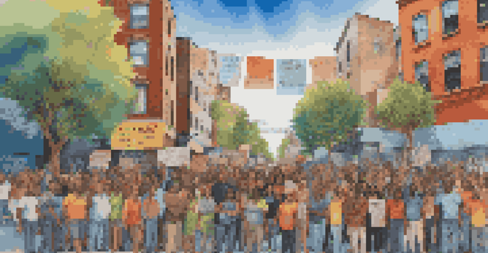 A mural showing a diverse group of activists with banners advocating for social justice in a colorful urban environment.