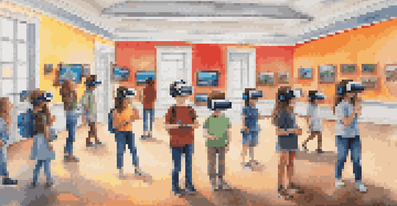 Students in a classroom wearing VR headsets, exploring a virtual museum of famous artworks.