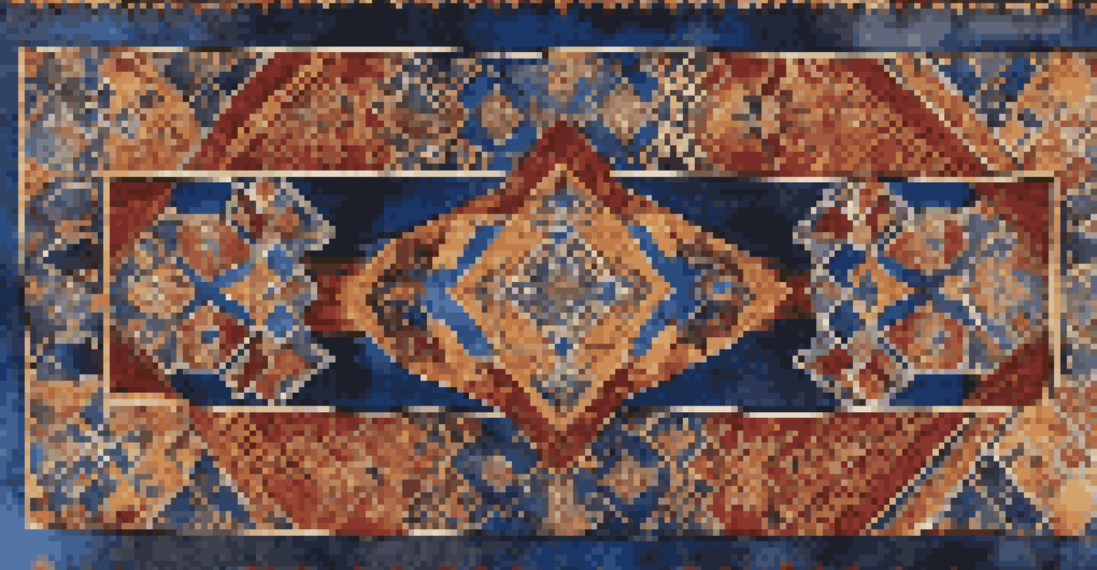 An intricate Middle Eastern tapestry with geometric patterns and vibrant colors, showcasing rich textures and detailed craftsmanship.