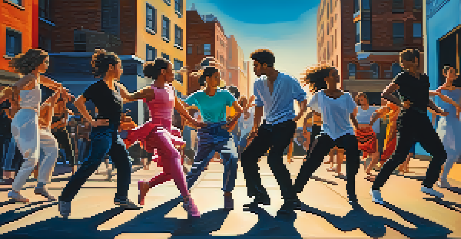 Dancers of various genders performing in an urban setting, showcasing a blend of traditional and contemporary dance styles.