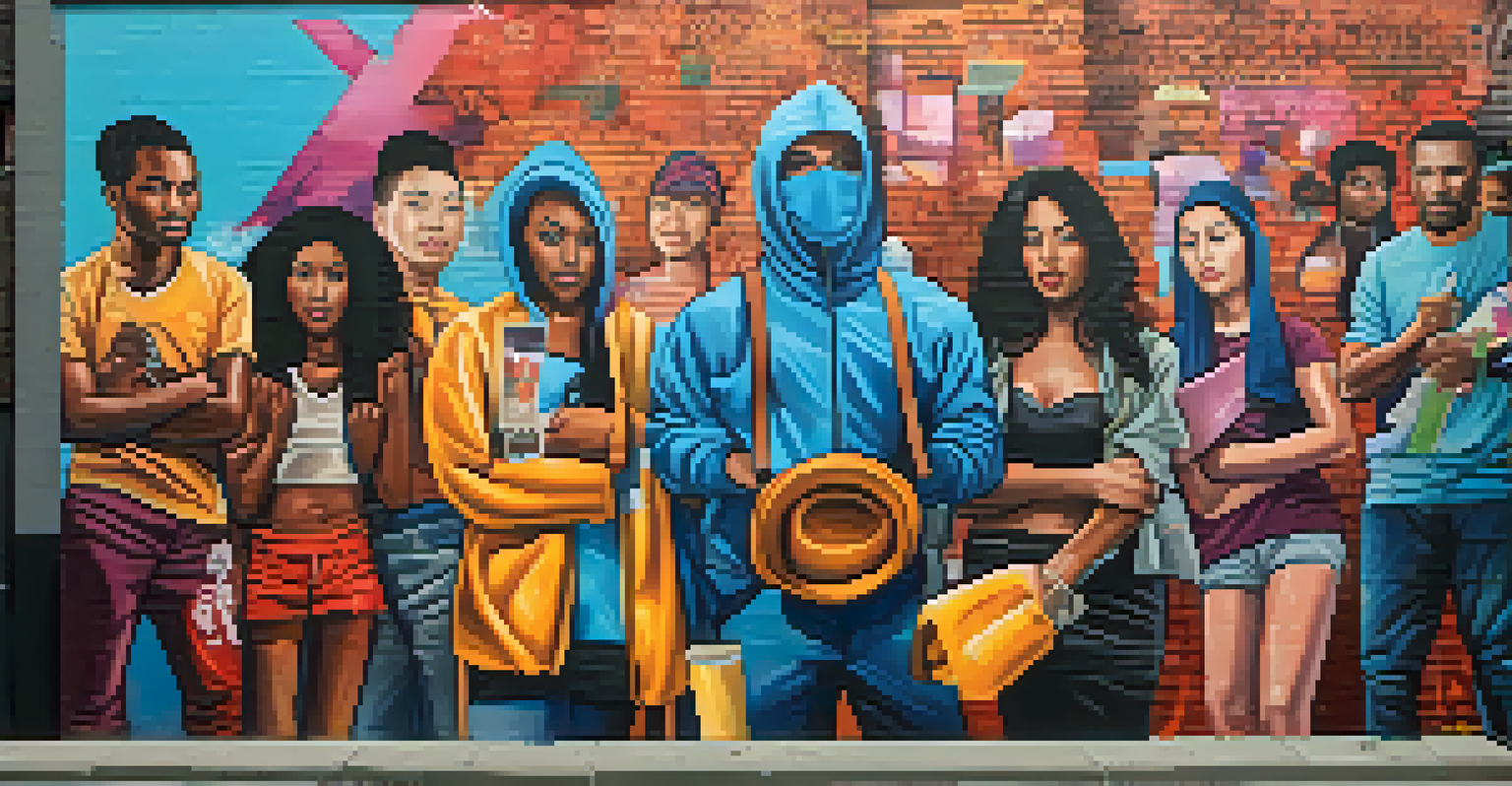 A colorful street mural addressing social issues, with people admiring the artwork in an urban environment.