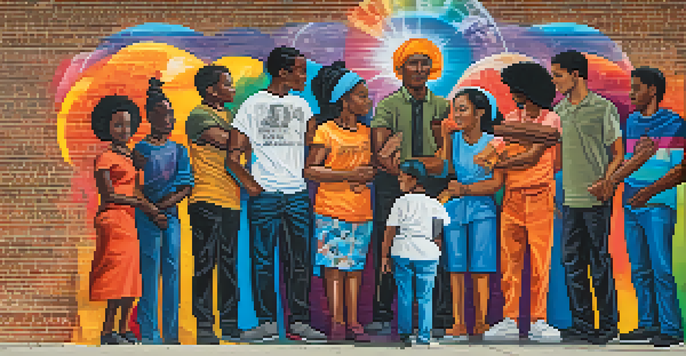 A bright street mural featuring diverse activists united in solidarity against a colorful background, showcasing expressions of determination and hope.