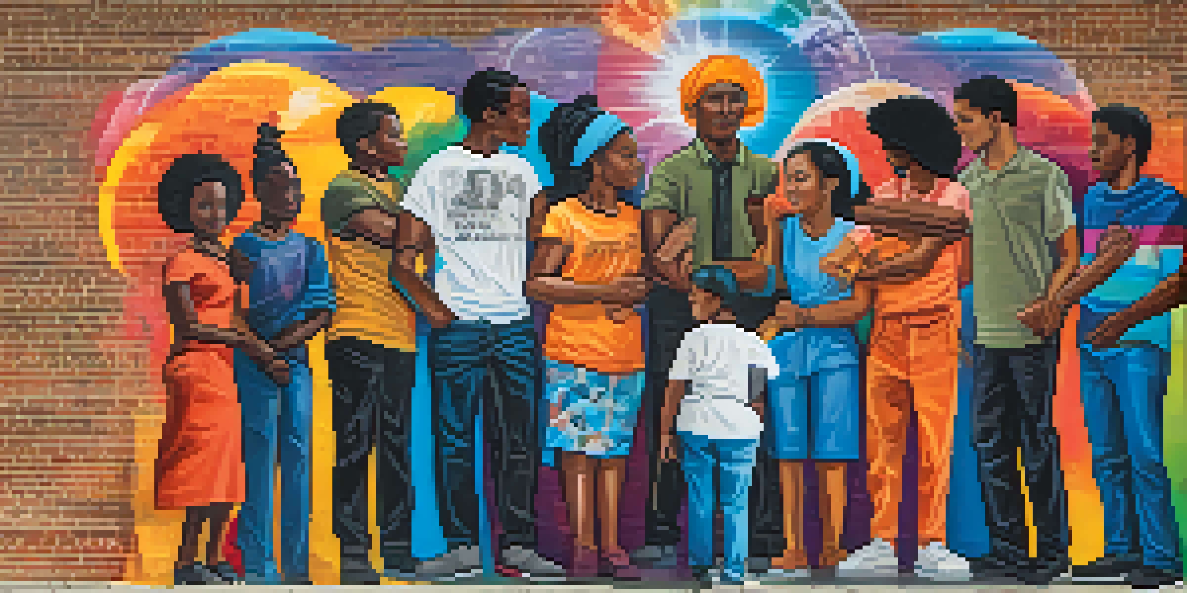 A bright street mural featuring diverse activists united in solidarity against a colorful background, showcasing expressions of determination and hope.
