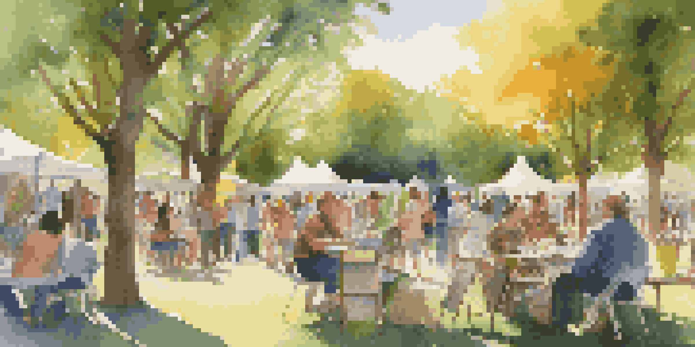 An outdoor gathering of diverse artists in a park, showcasing their art and engaging in discussions under sunlight and trees.