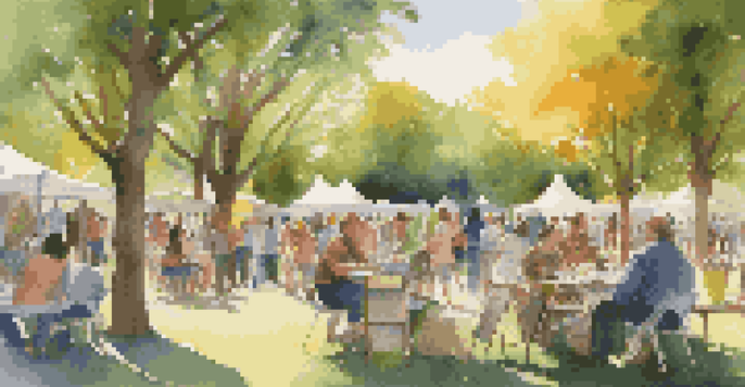 An outdoor gathering of diverse artists in a park, showcasing their art and engaging in discussions under sunlight and trees.