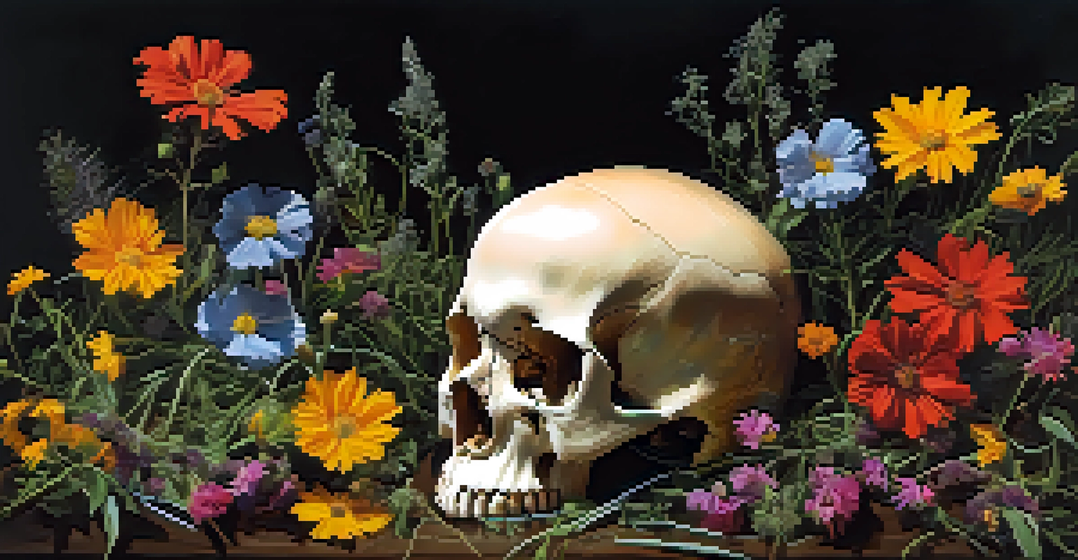 A skull adorned with colorful wildflowers set against a dark background, symbolizing the contrast between life and death.