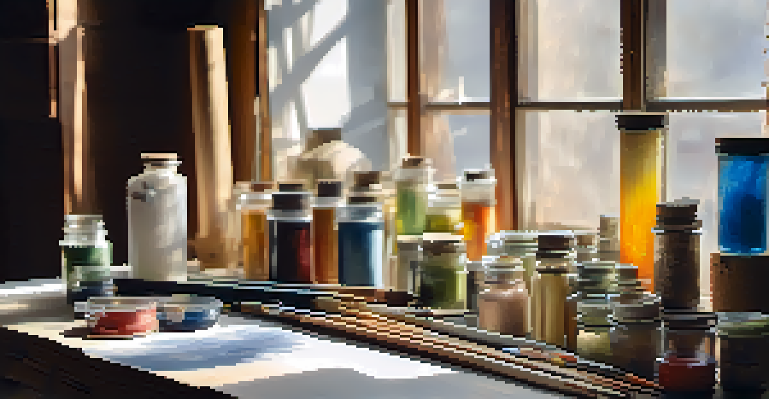 A close-up of eco-friendly art supplies on a wooden table, including natural pigments, recycled papers, and organic paint tubes, illuminated by soft natural light.