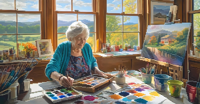 An elderly woman painting a colorful landscape in a bright art studio filled with natural light.