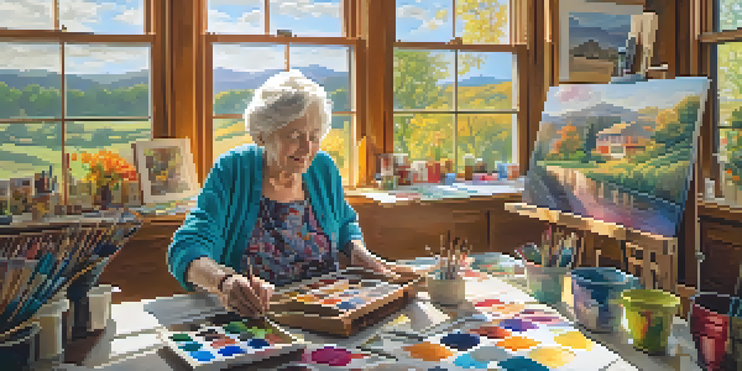 An elderly woman painting a colorful landscape in a bright art studio filled with natural light.