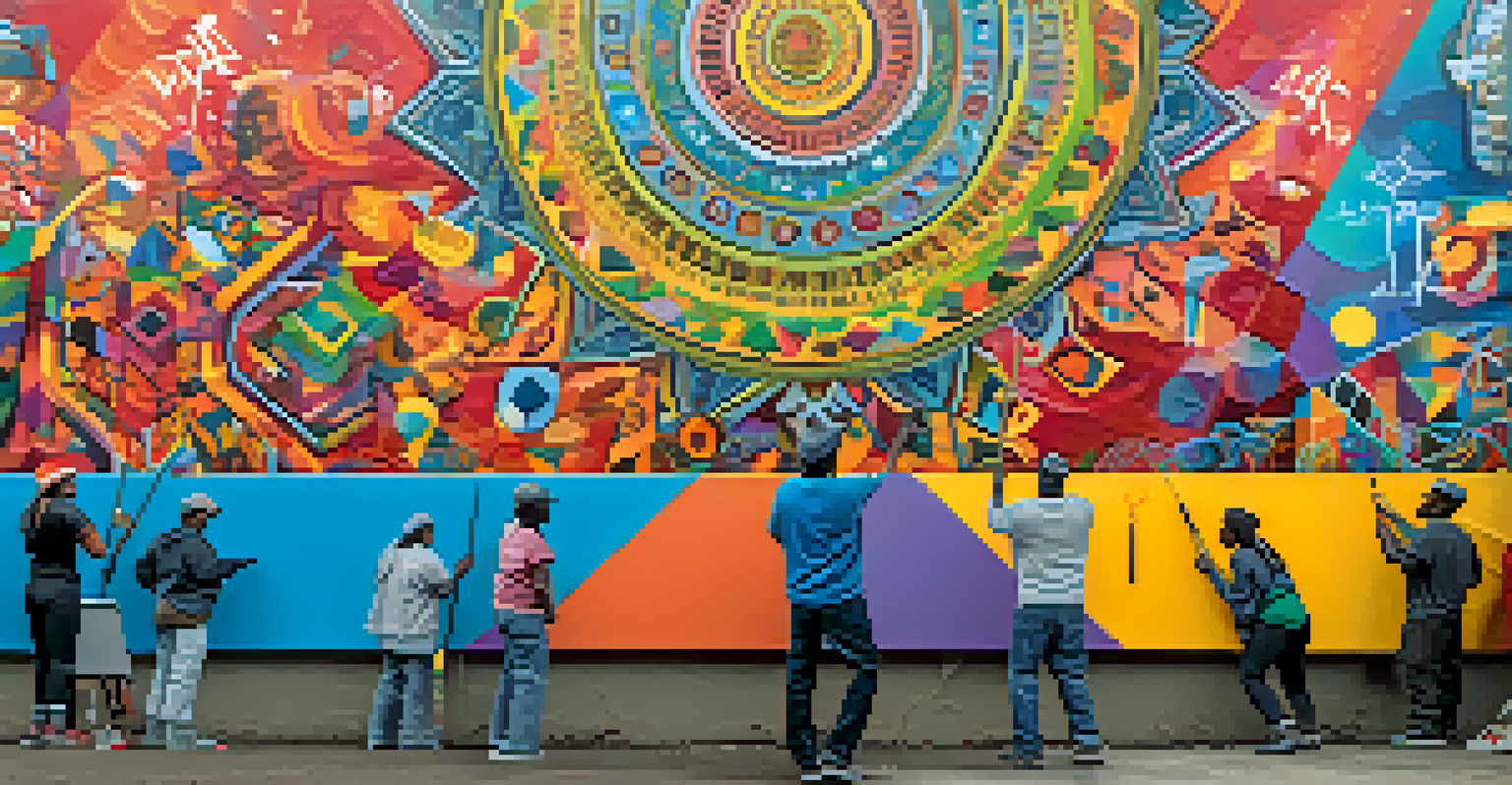 A group of community members painting a vibrant mural on a large wall, depicting themes of unity and resilience.