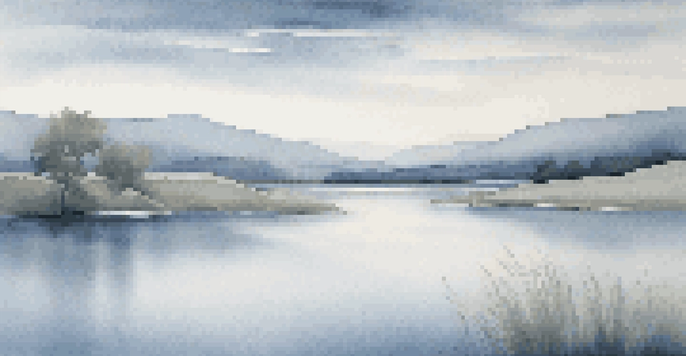 A peaceful landscape in different shades of blue, featuring rolling hills and a lake reflecting the sky.