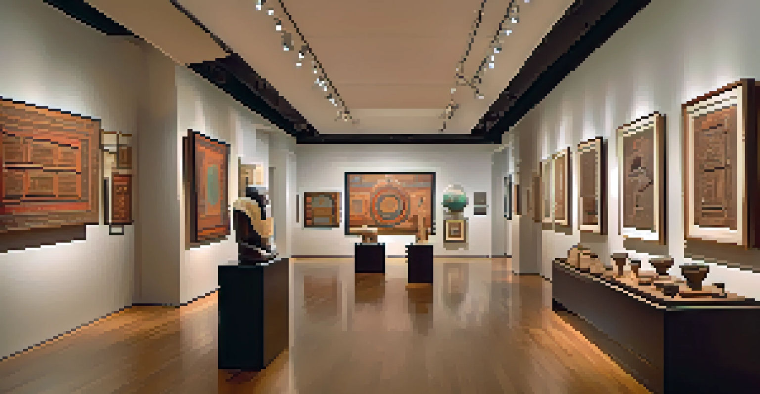 A gallery displaying Indigenous art with paintings and sculptures, visitors engaging with the pieces.