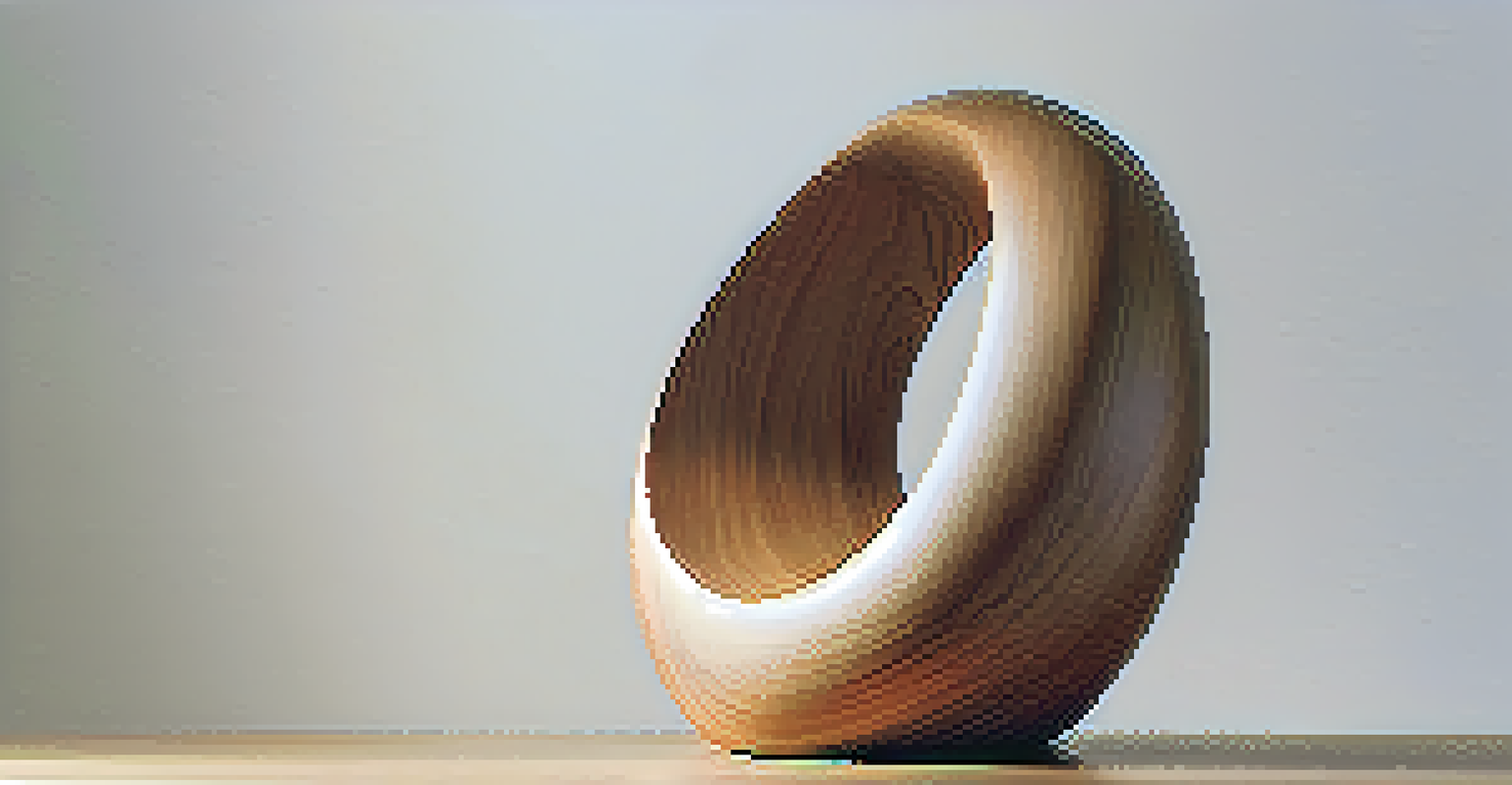 A close-up of a wooden sculpture with smooth curves, set against a white background and softly lit.