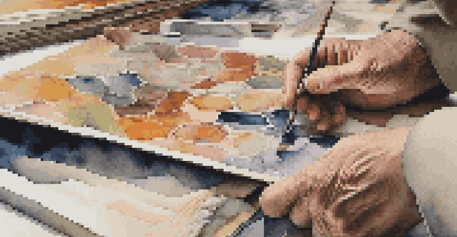 A close-up of hands examining a vibrant abstract painting in an art collector's study.