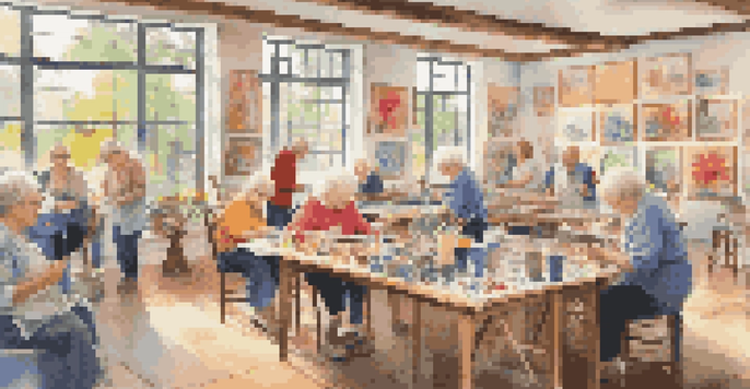 Seniors participating in a lively art studio, working on painting, pottery, and crafts.